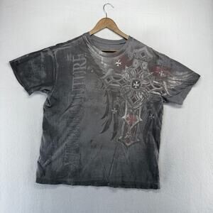Vintage Extreme Couture Shirt men's 2XL Gray Graphic Cross Y2k Double Sided y2k